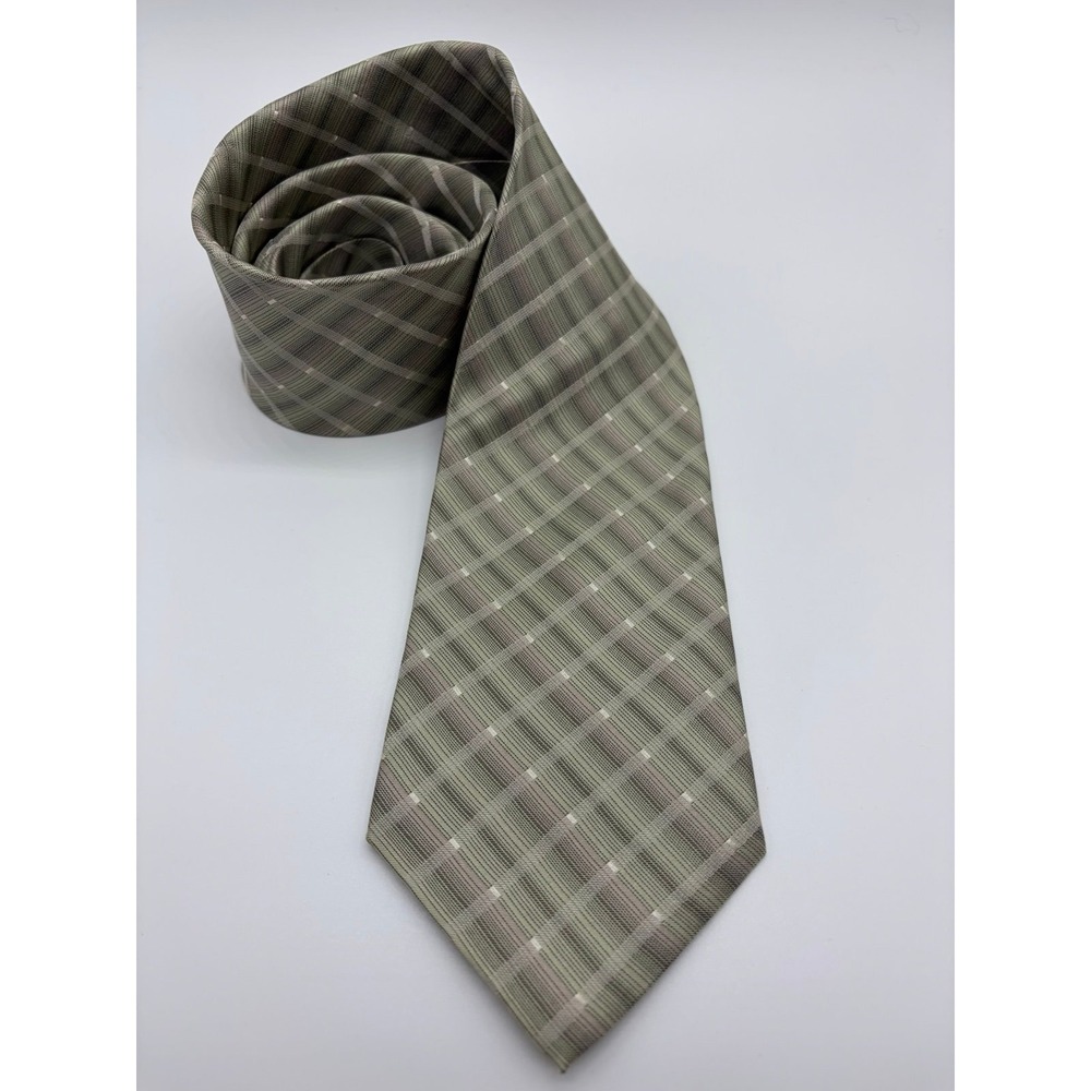Stafford Essentials, Plaid Necktie, Olive Green/Gray, 100% Silk, Men Pre-Owned